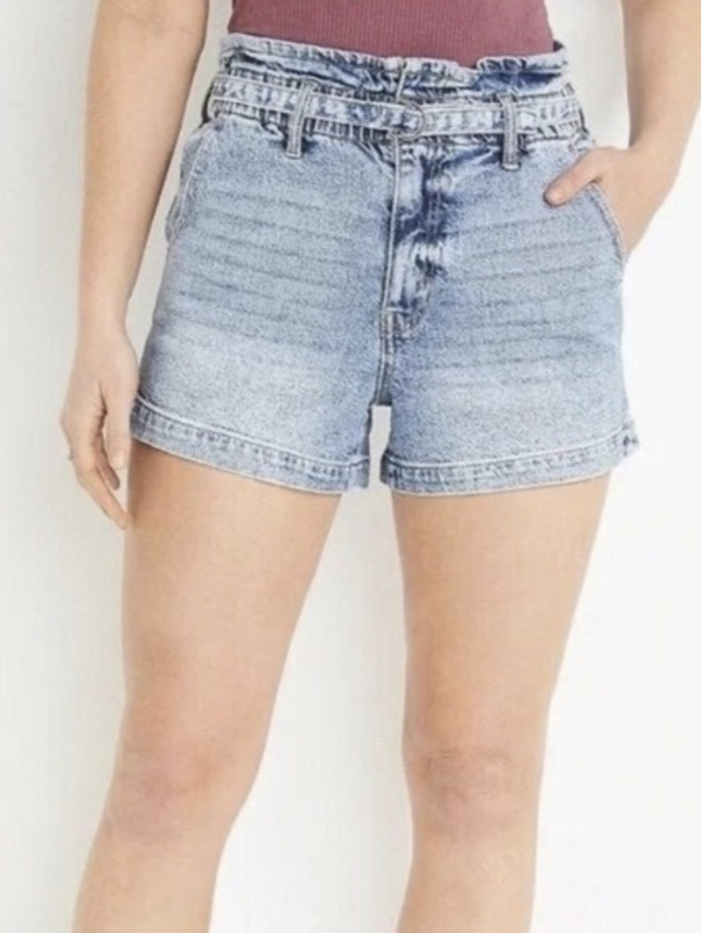 KanCan Light Blue Denim High Rise Paperbag Waist Belted Shorts